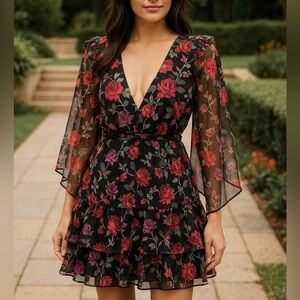 La Maison Talulah Jet Rose Mini Dress M Black Floral Sheer Ruffle NWT $260
